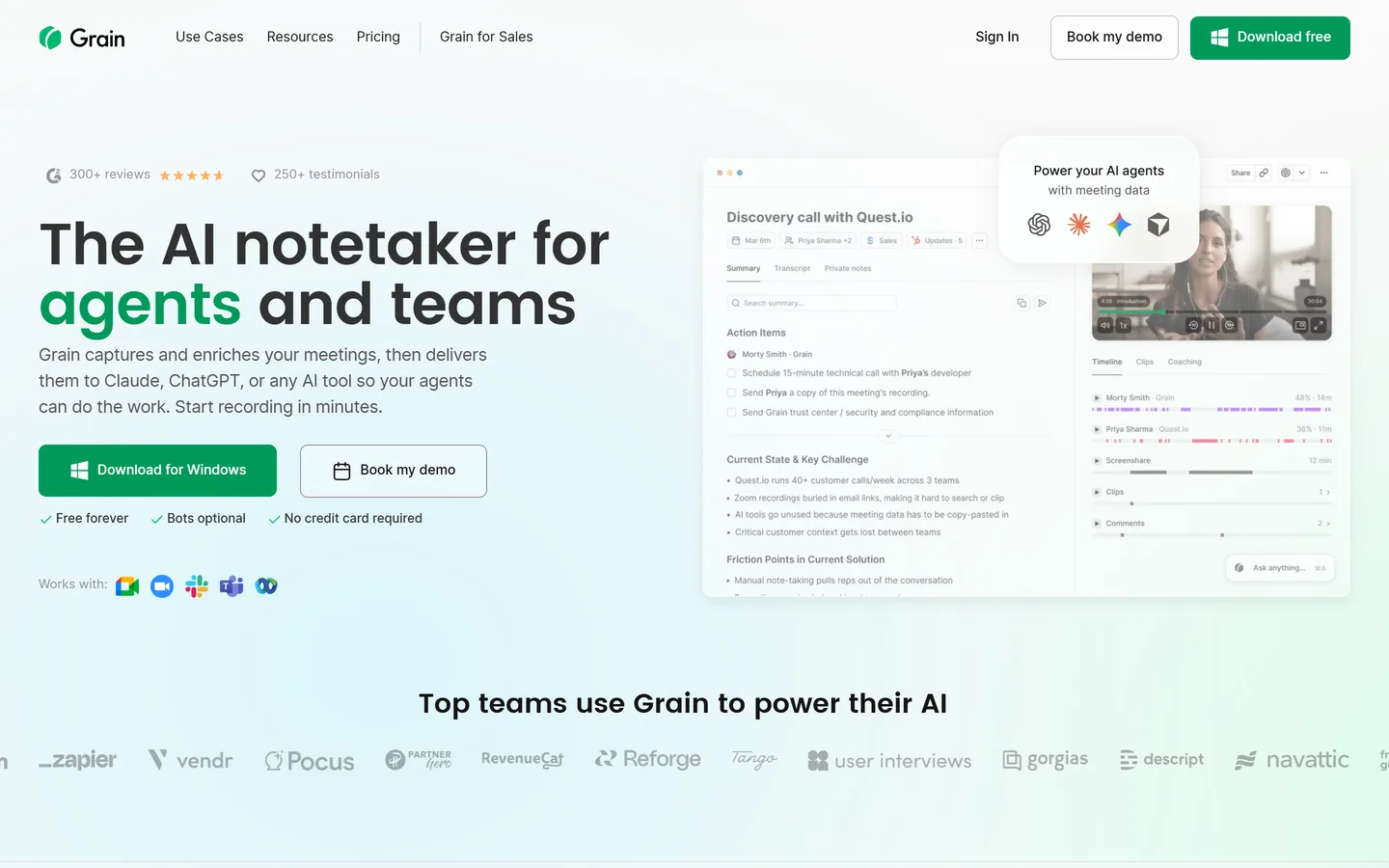 Grain homepage — session recording with highlight clips