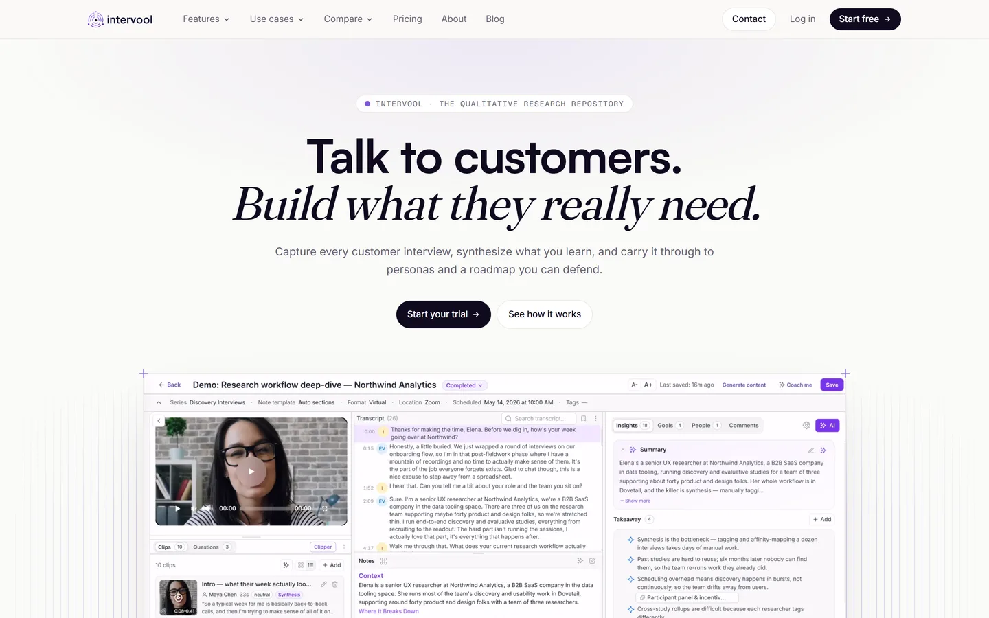 Intervool homepage — capture customer interviews, synthesize them, and build a roadmap you can defend