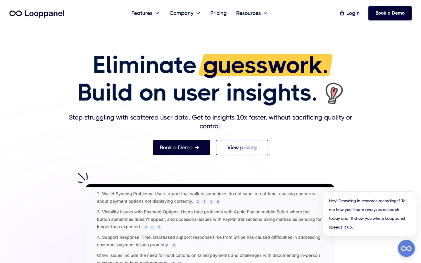 Looppanel homepage — AI notes and analysis for user interviews