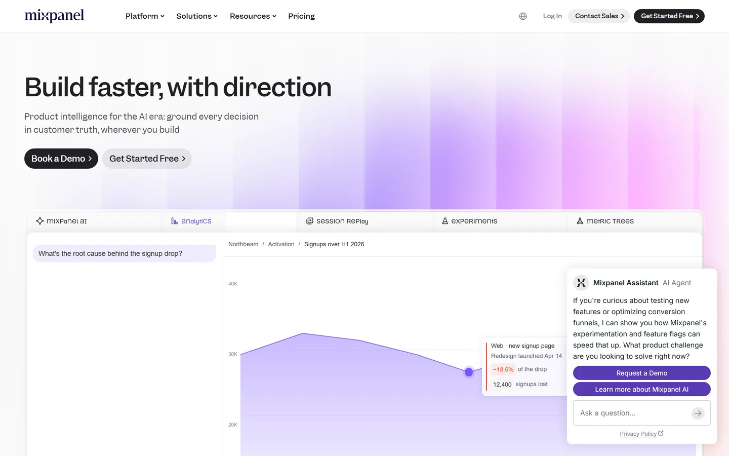 Mixpanel homepage — product analytics with funnels, retention, and session replay