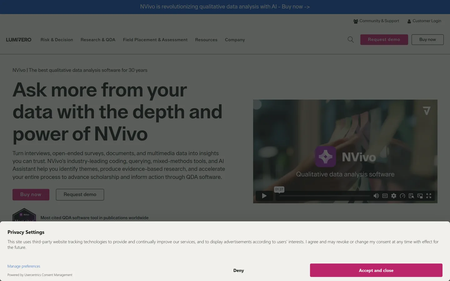 NVivo homepage — qualitative data analysis software from Lumivero