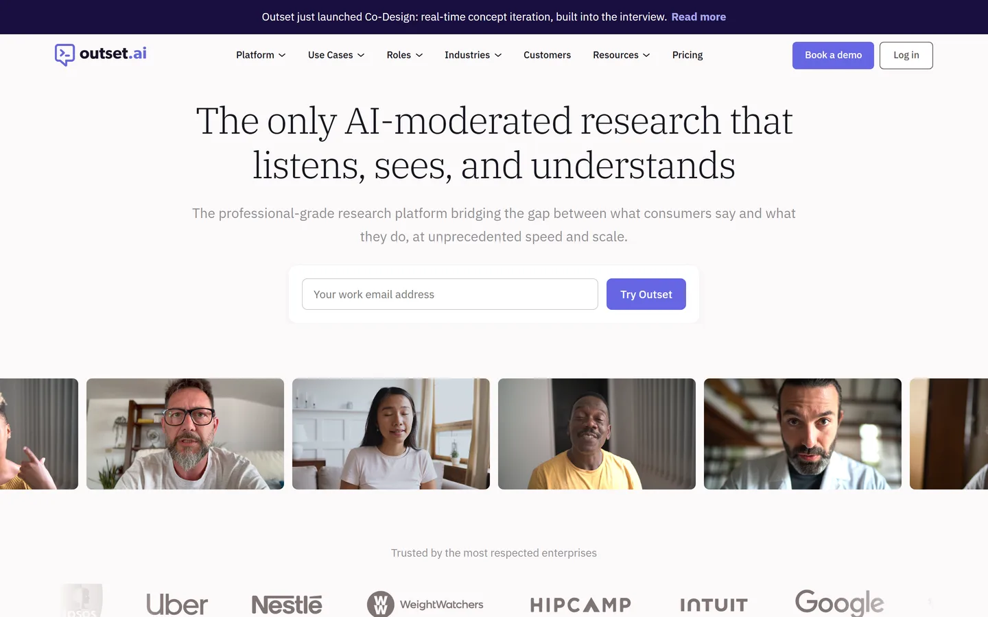 Outset homepage — AI-moderated user interviews at scale