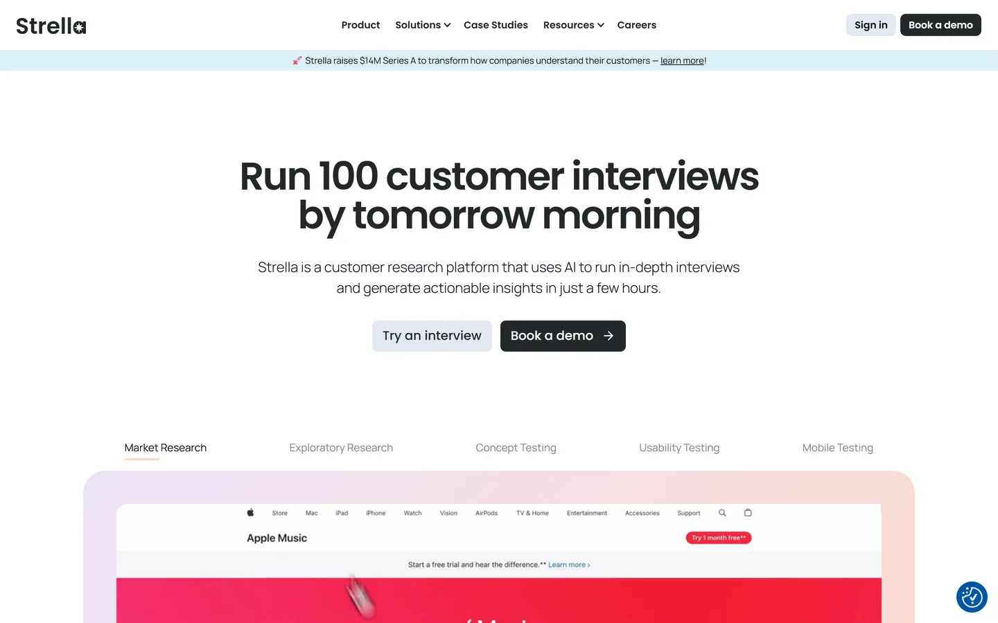 Strella homepage — AI-moderated interviews with synthesis