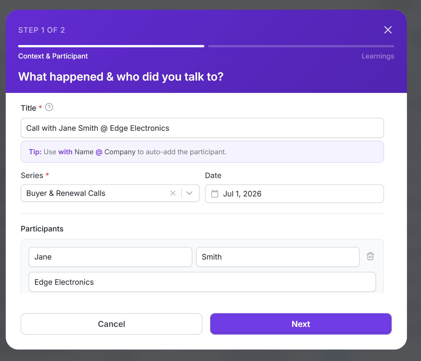 Add interview modal — context, participant, series, and date
