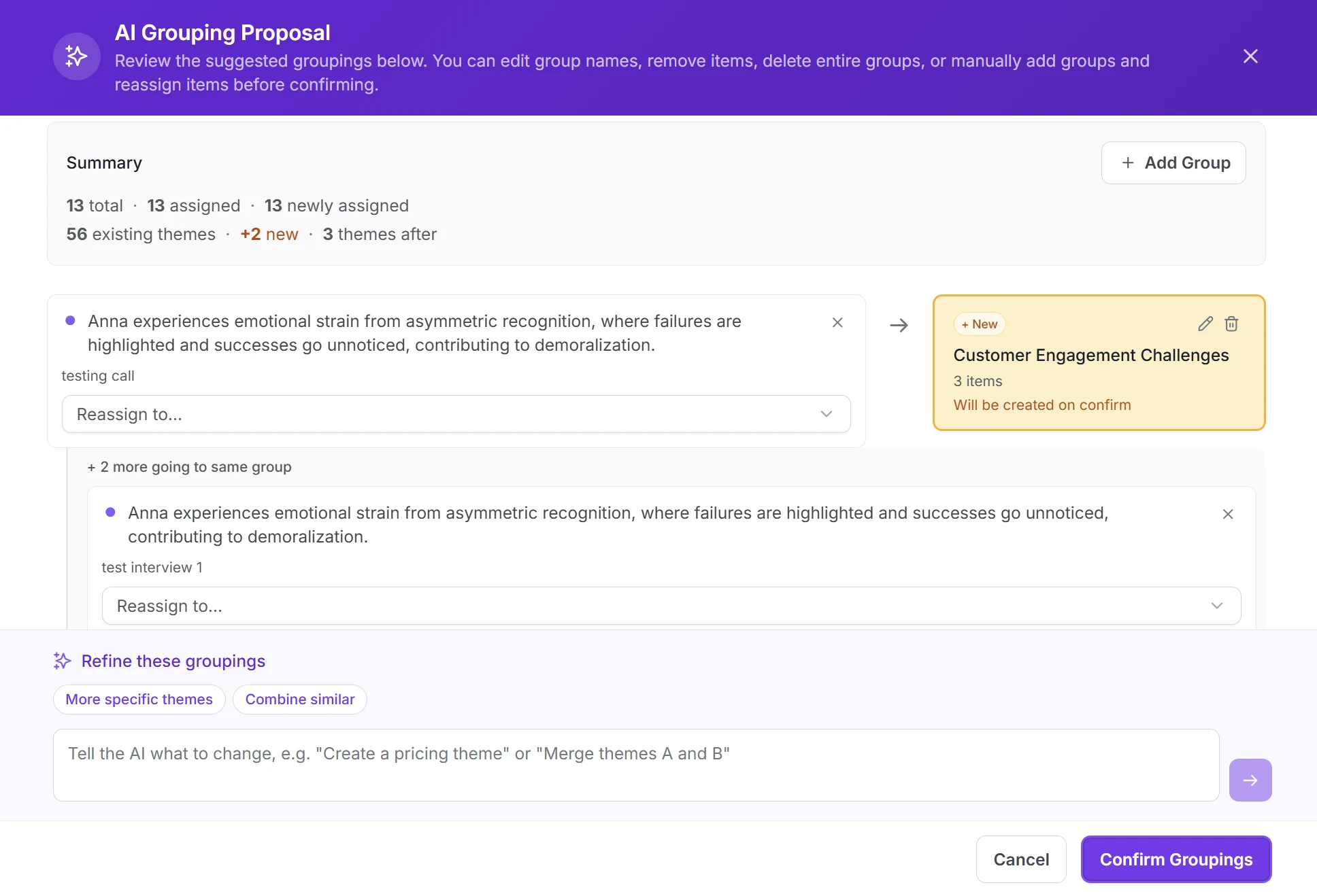 Intervool AI grouping recurring insights into evidence-linked themes