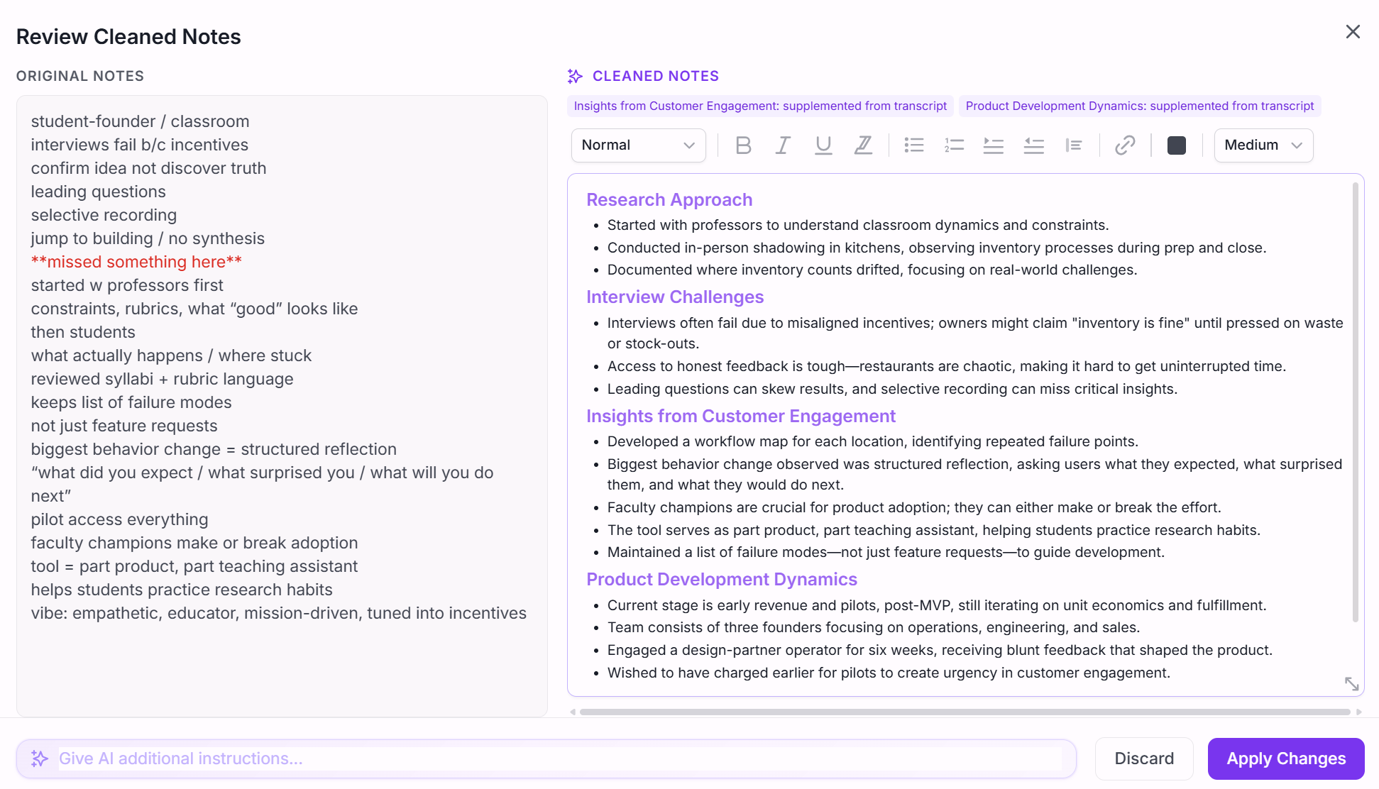 AI-cleaned notes review