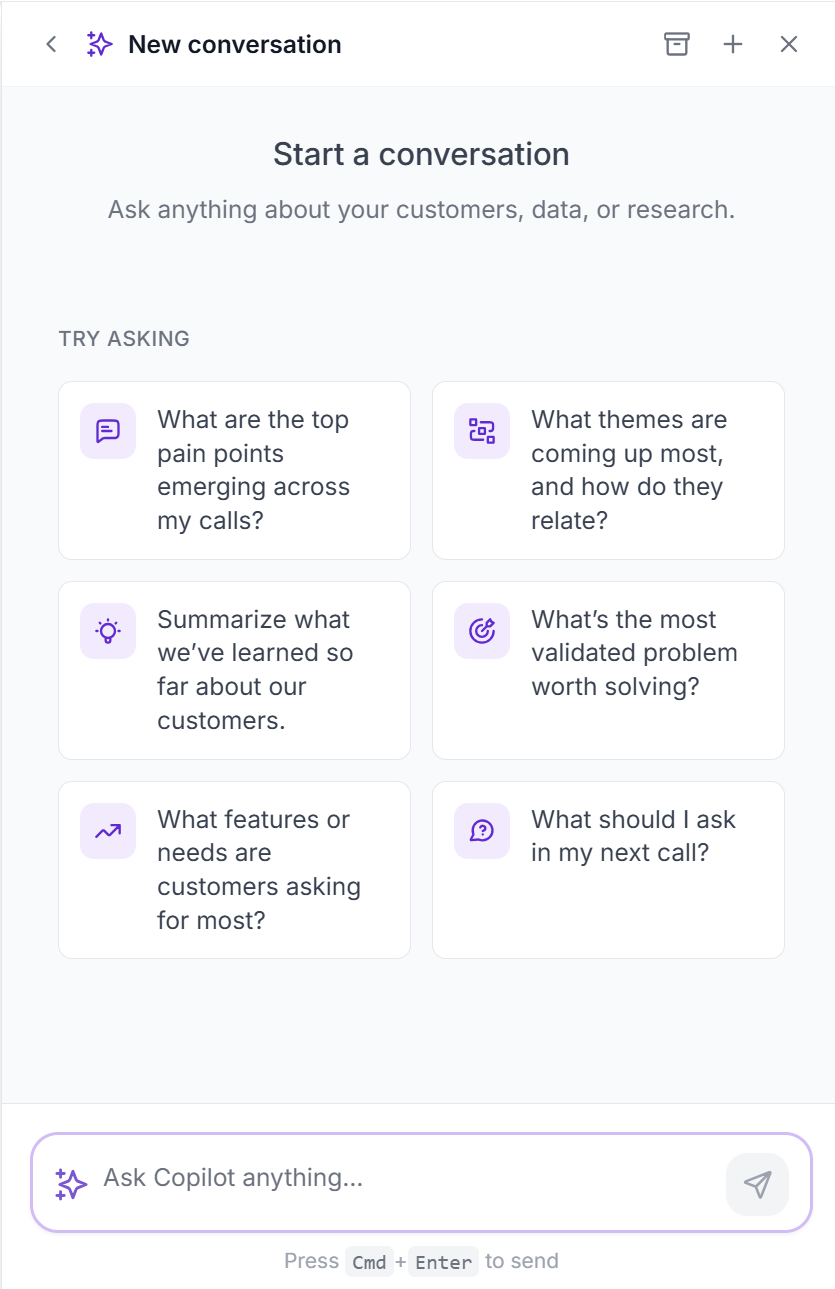 Copilot conversation interface with suggested questions