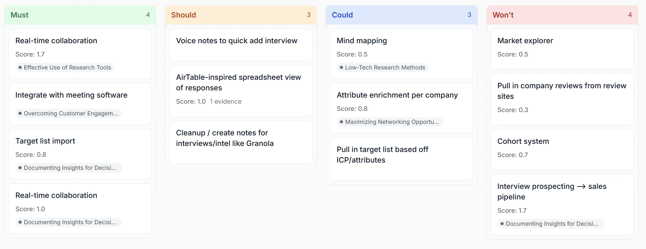 Intervool feature roadmap board — ideas organized across To Do, In Progress, Done, and Wait columns, grouped by MoSCoW, status, and impact vs effort