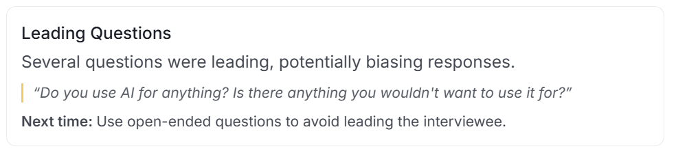 Interview technique feedback with leading-question example