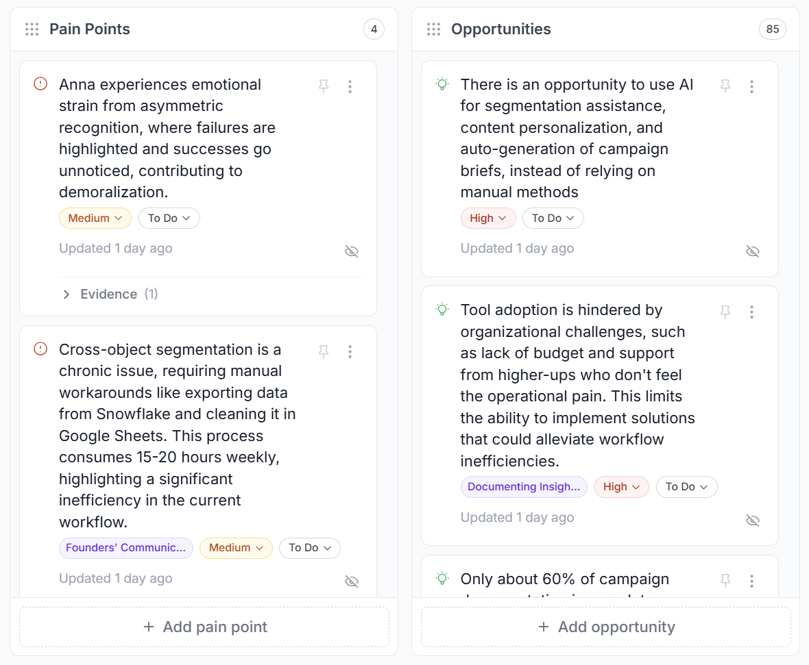Insights board with pain points and opportunities in columns