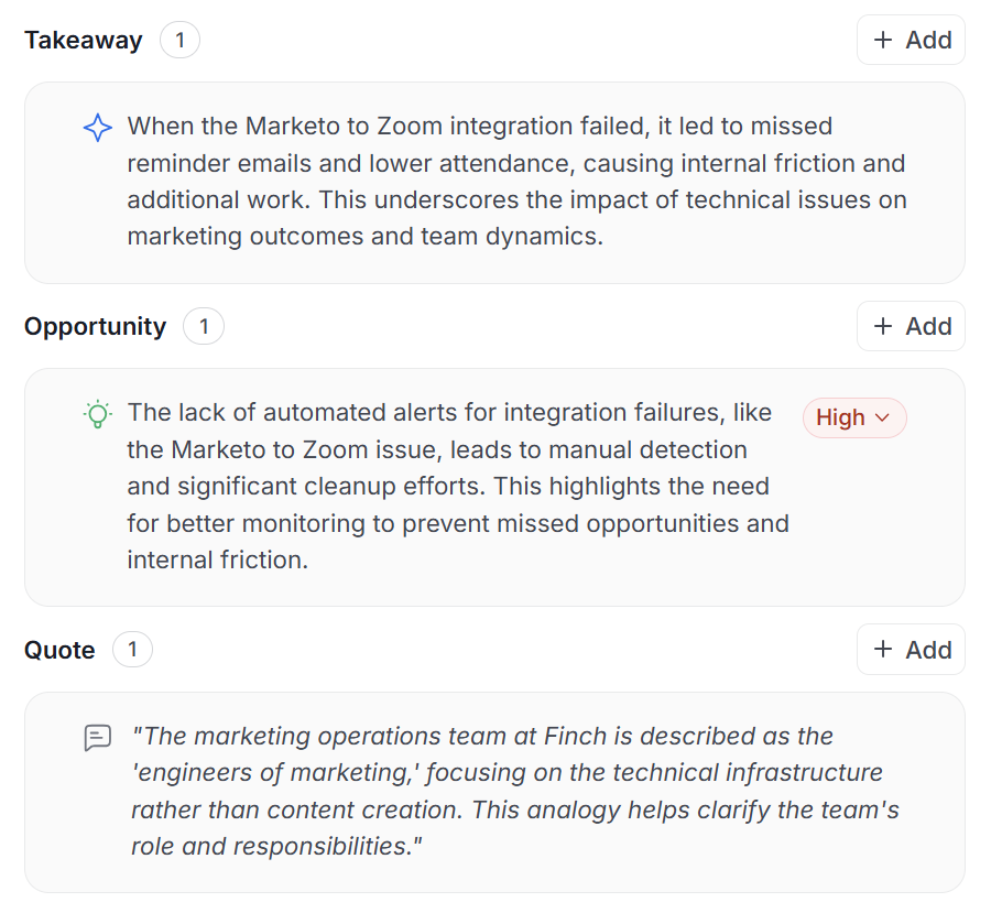 Interview insights panel showing takeaways, opportunities, and quotes