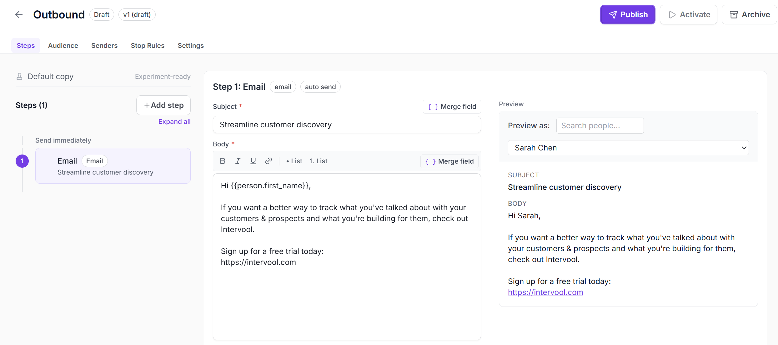Intervool sequence builder — steps, audience, senders, stop rules