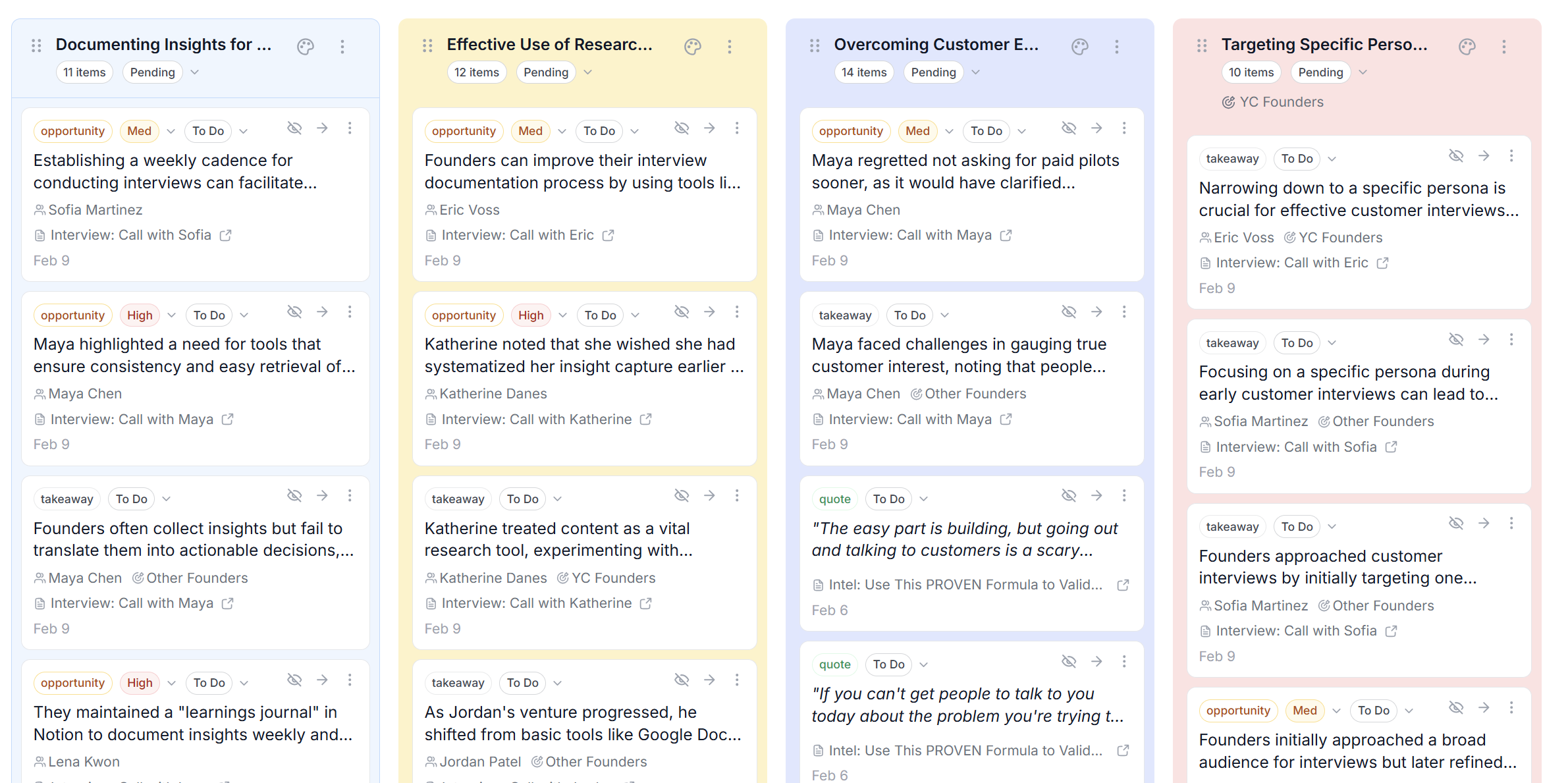 Theme board with evidence-linked insights